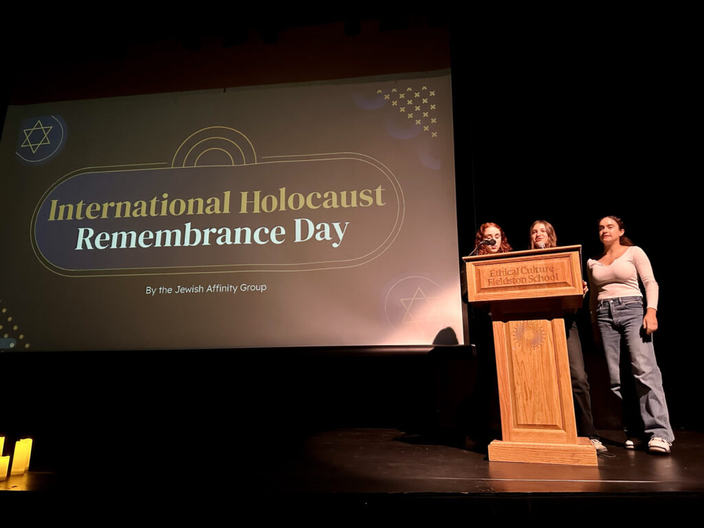 Members of the student Jewish Community Group give assembly presentation on International Holocaust Remembrance Day.