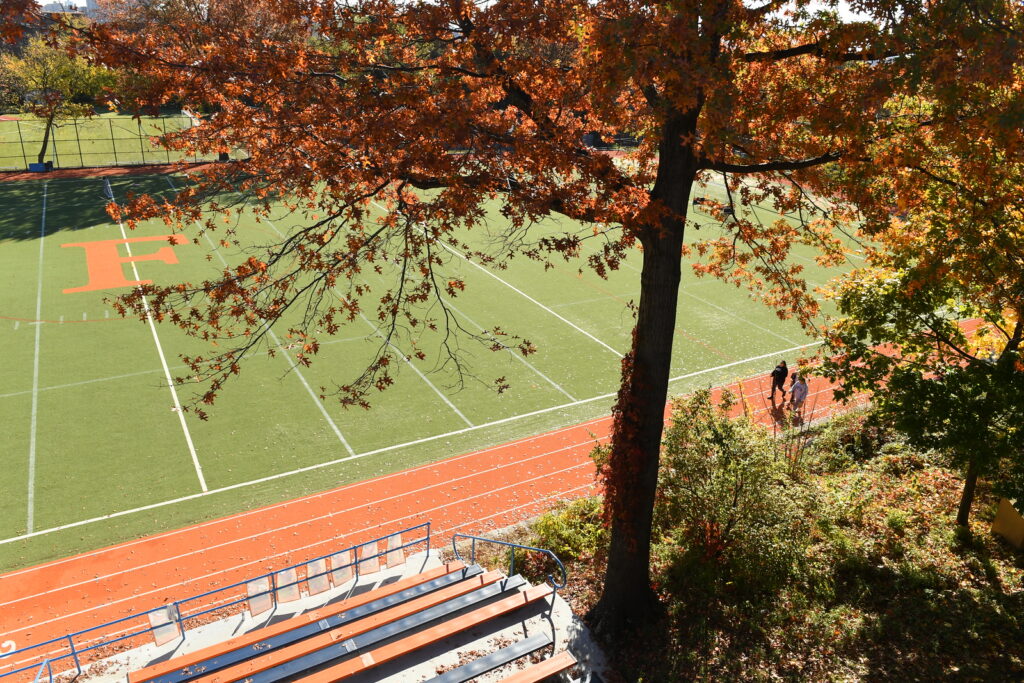 Scenic shot from the top of the Fieldston Upper bleachers looking down on the Upper Field.