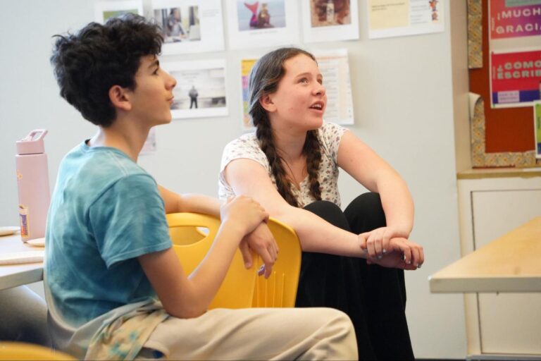 Author Abby White visits with Fieldston Middle students