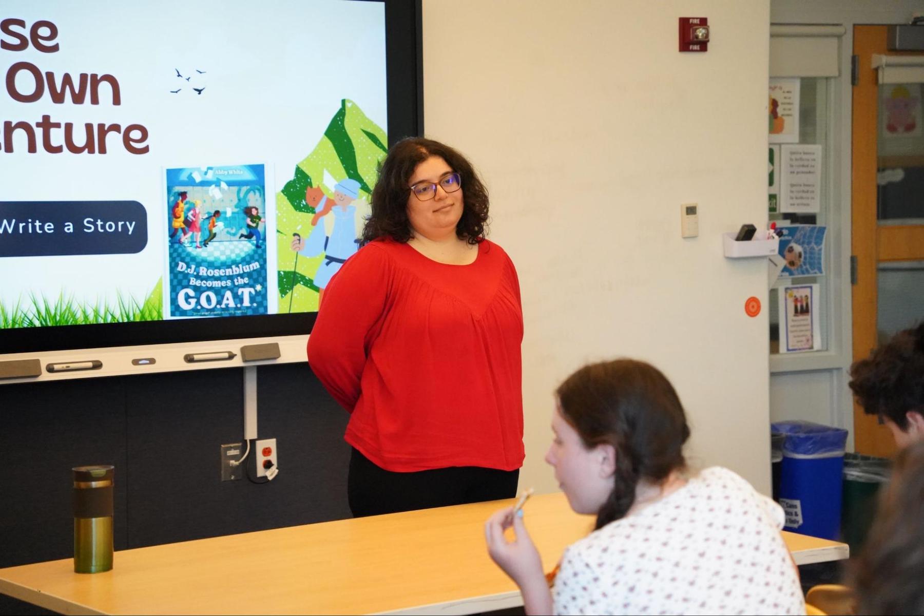 Author Abby White visits with Fieldston Middle students